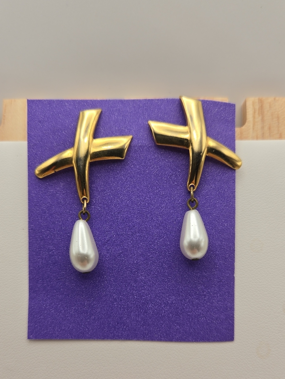 Vintage Gold Cross Earrings with White Faux Pearl Drops - Women Jewelry